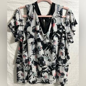 LANE BRYANT White/Black Floral Cold Shoulder Blouse Top Size 22/24